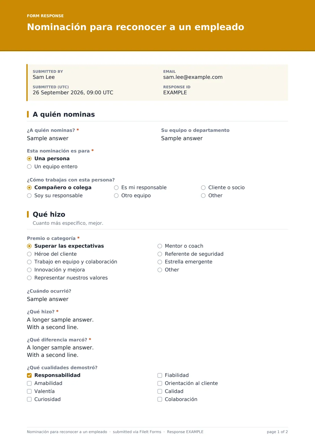Nominación para reconocer a un empleado — PDF de respuesta de ejemplo, página 1 de 2