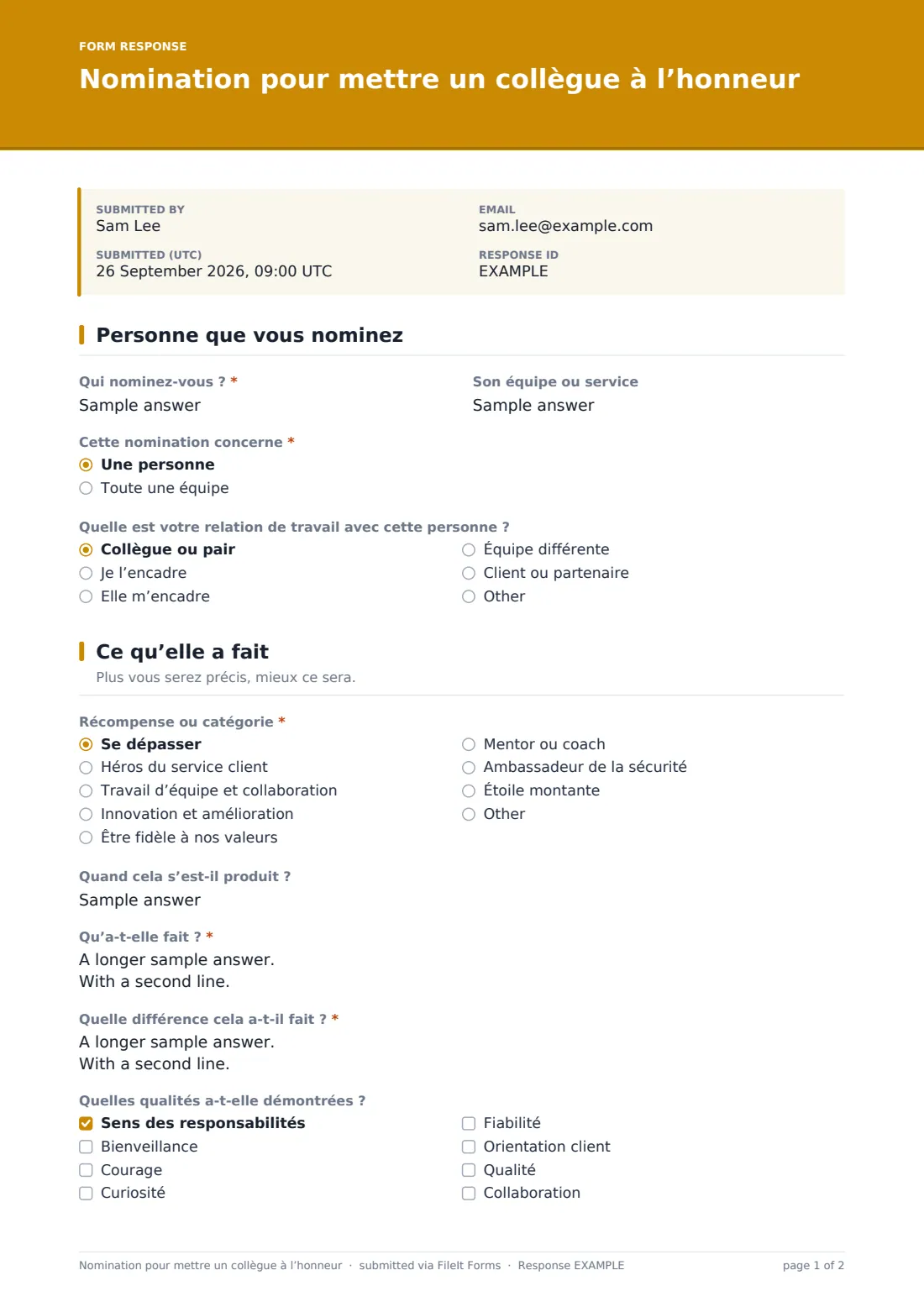 Nomination pour mettre un collègue à l’honneur — exemple de réponse au format PDF, page 1 sur 2