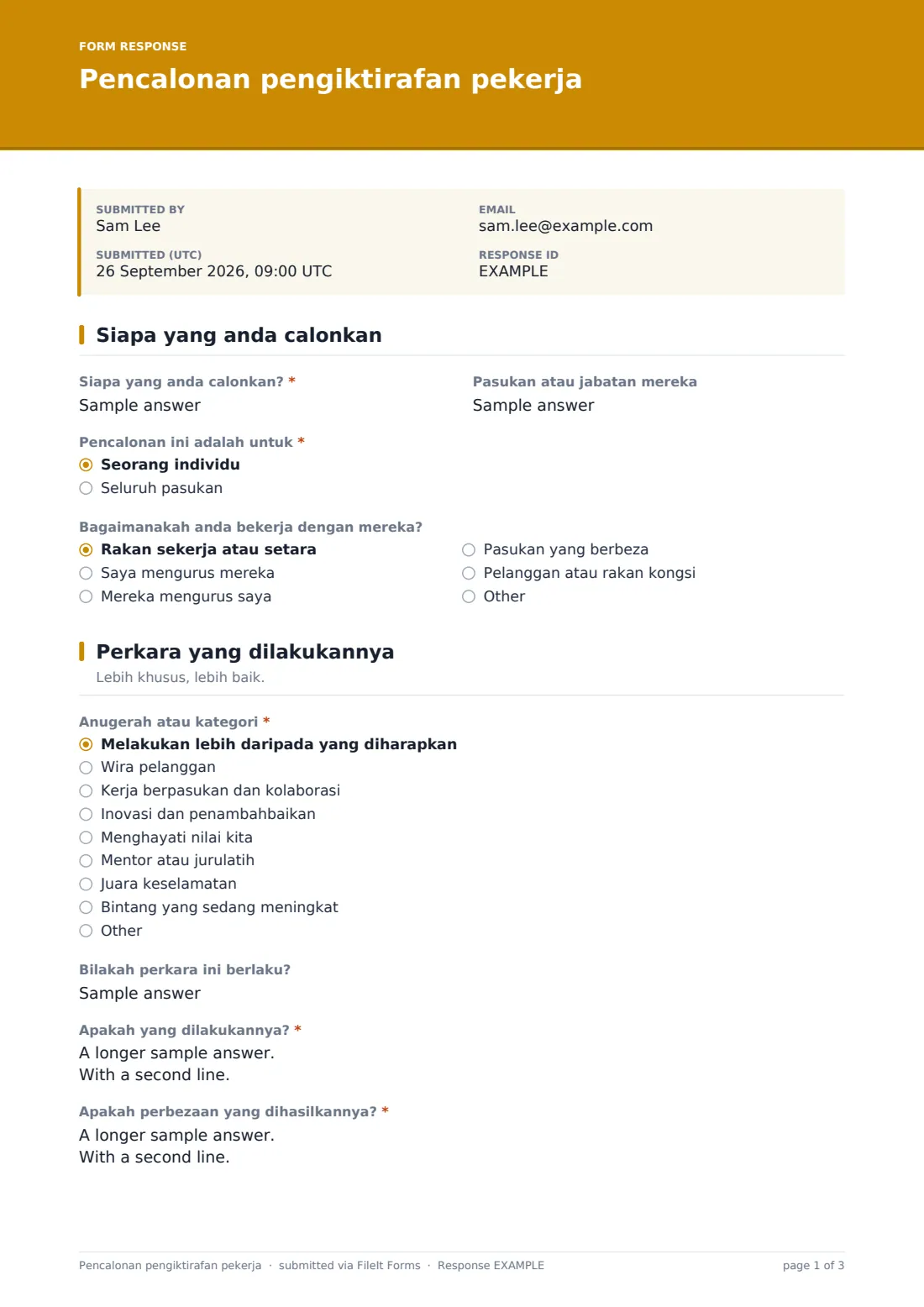Pencalonan pengiktirafan pekerja — PDF respons contoh, halaman 1 daripada 3