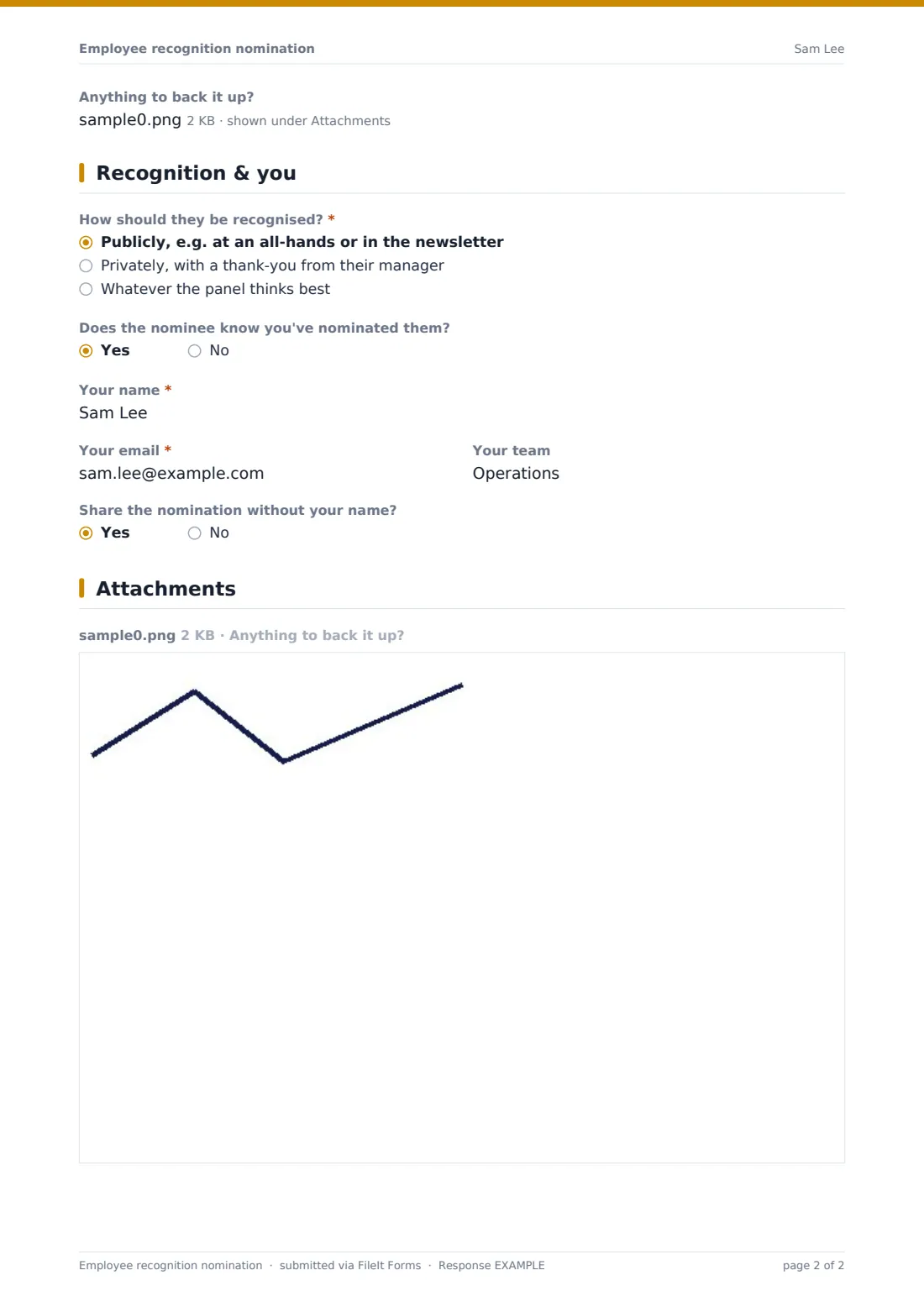 Employee recognition nomination — example response PDF, page 2 of 2