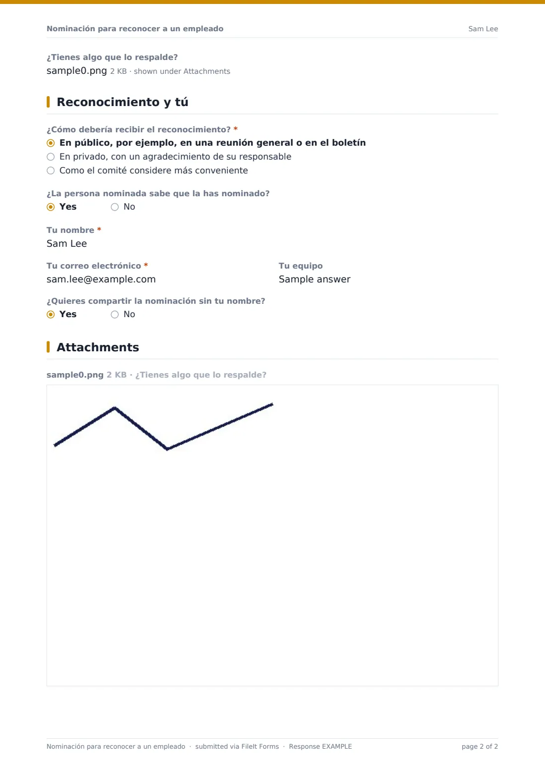 Nominación para reconocer a un empleado — PDF de respuesta de ejemplo, página 2 de 2