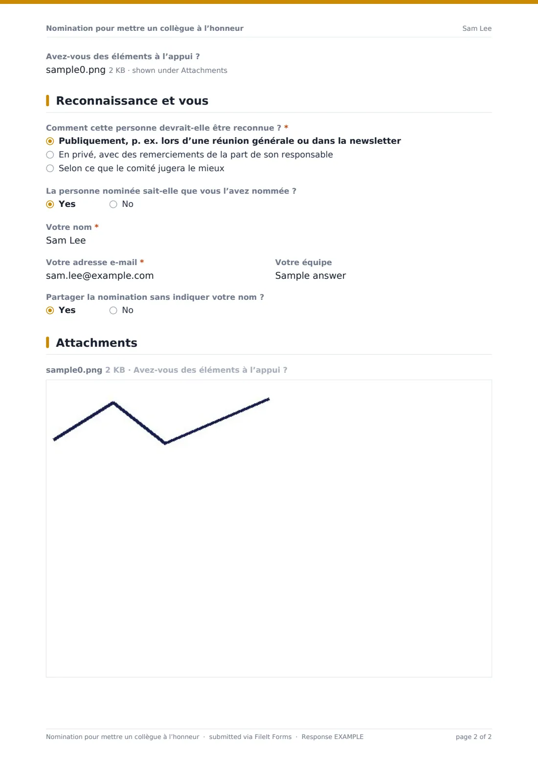 Nomination pour mettre un collègue à l’honneur — exemple de réponse au format PDF, page 2 sur 2