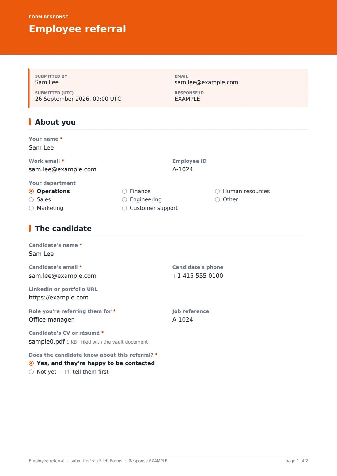 Employee referral — example response PDF, page 1 of 2
