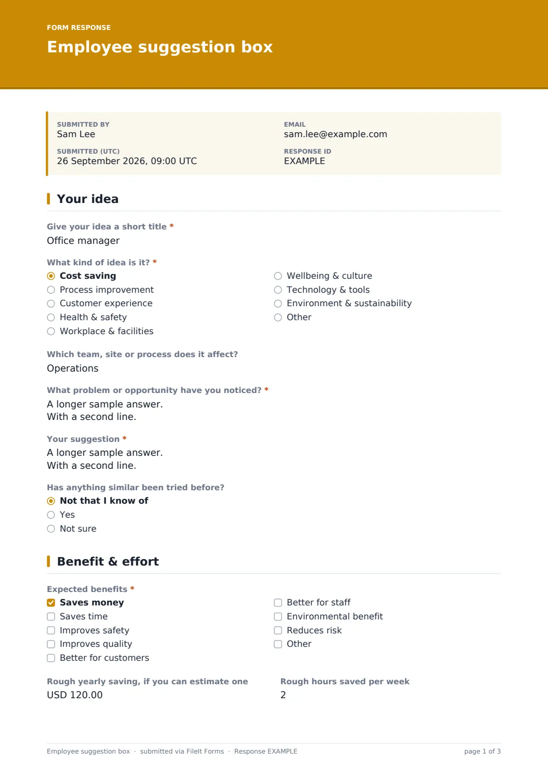 Employee suggestion box — example response PDF, page 1 of 3