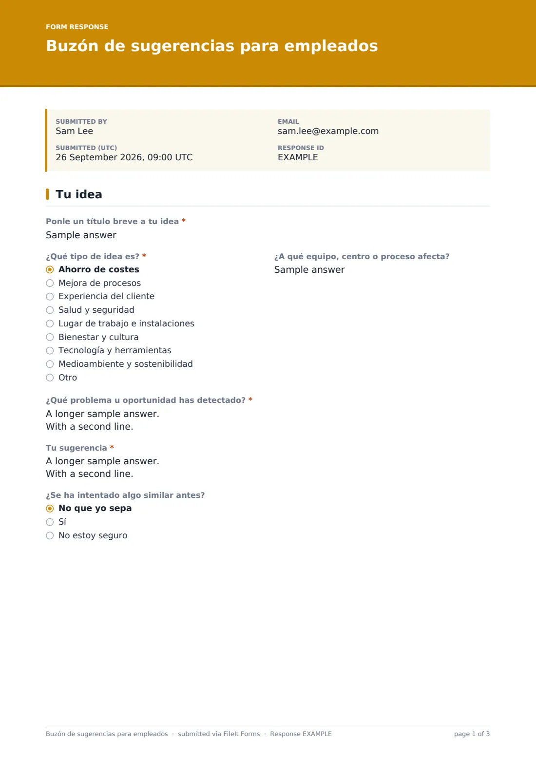 Buzón de sugerencias para empleados — PDF de respuesta de ejemplo, página 1 de 3