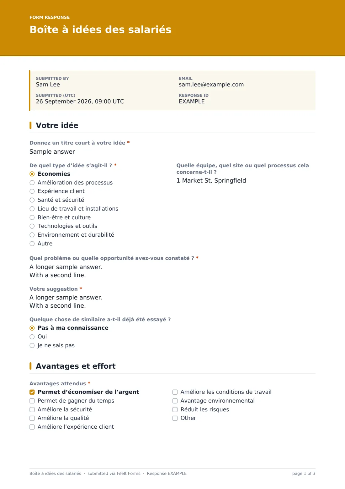 Boîte à idées des salariés — exemple de réponse au format PDF, page 1 sur 3