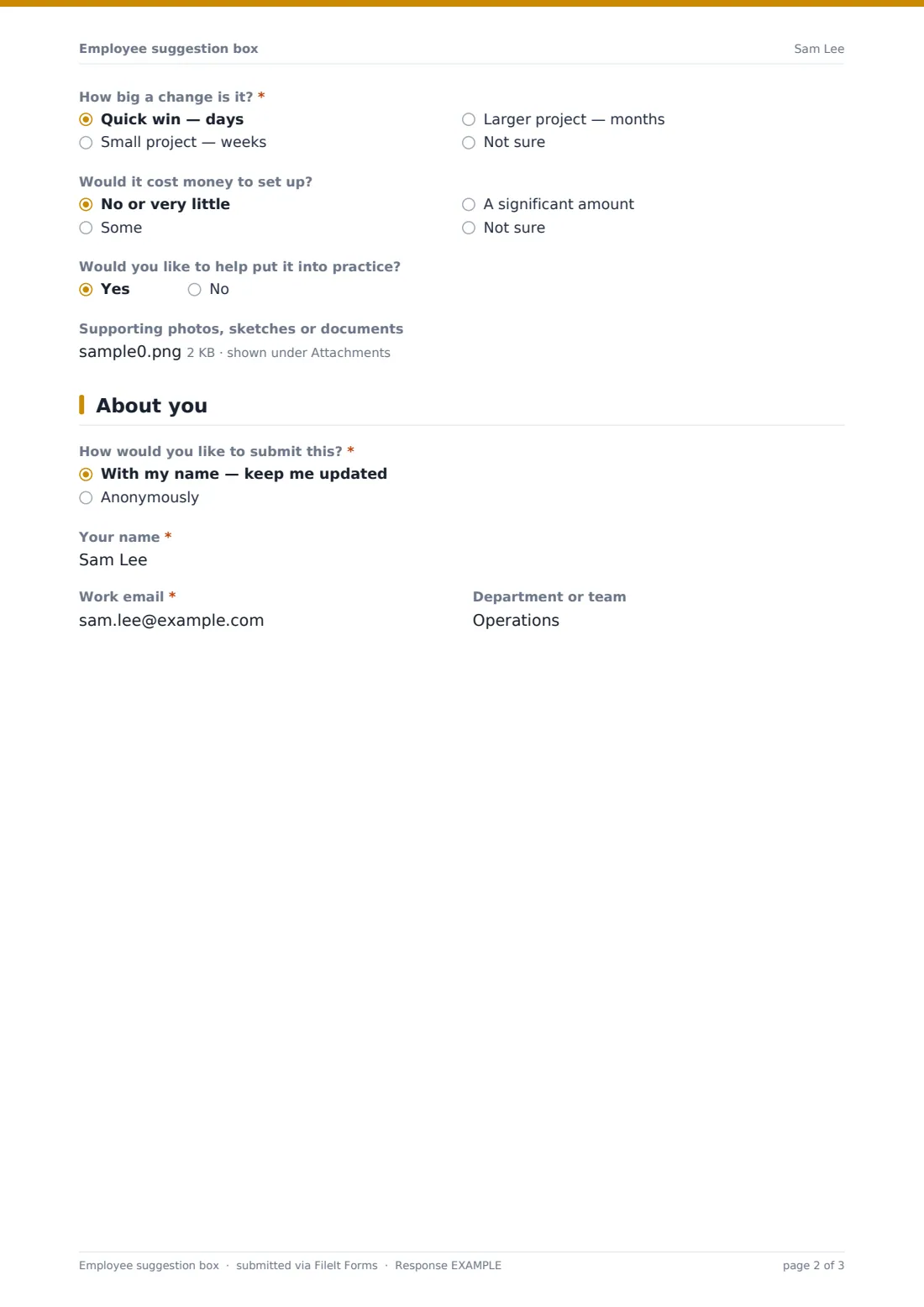 Employee suggestion box — example response PDF, page 2 of 3