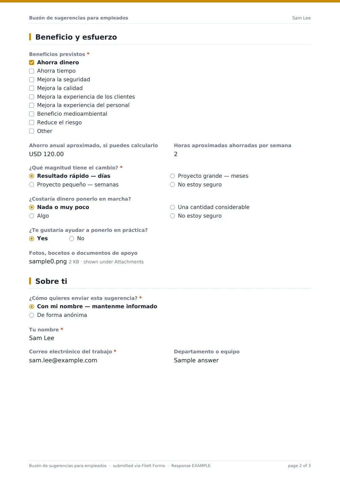 Buzón de sugerencias para empleados — PDF de respuesta de ejemplo, página 2 de 3