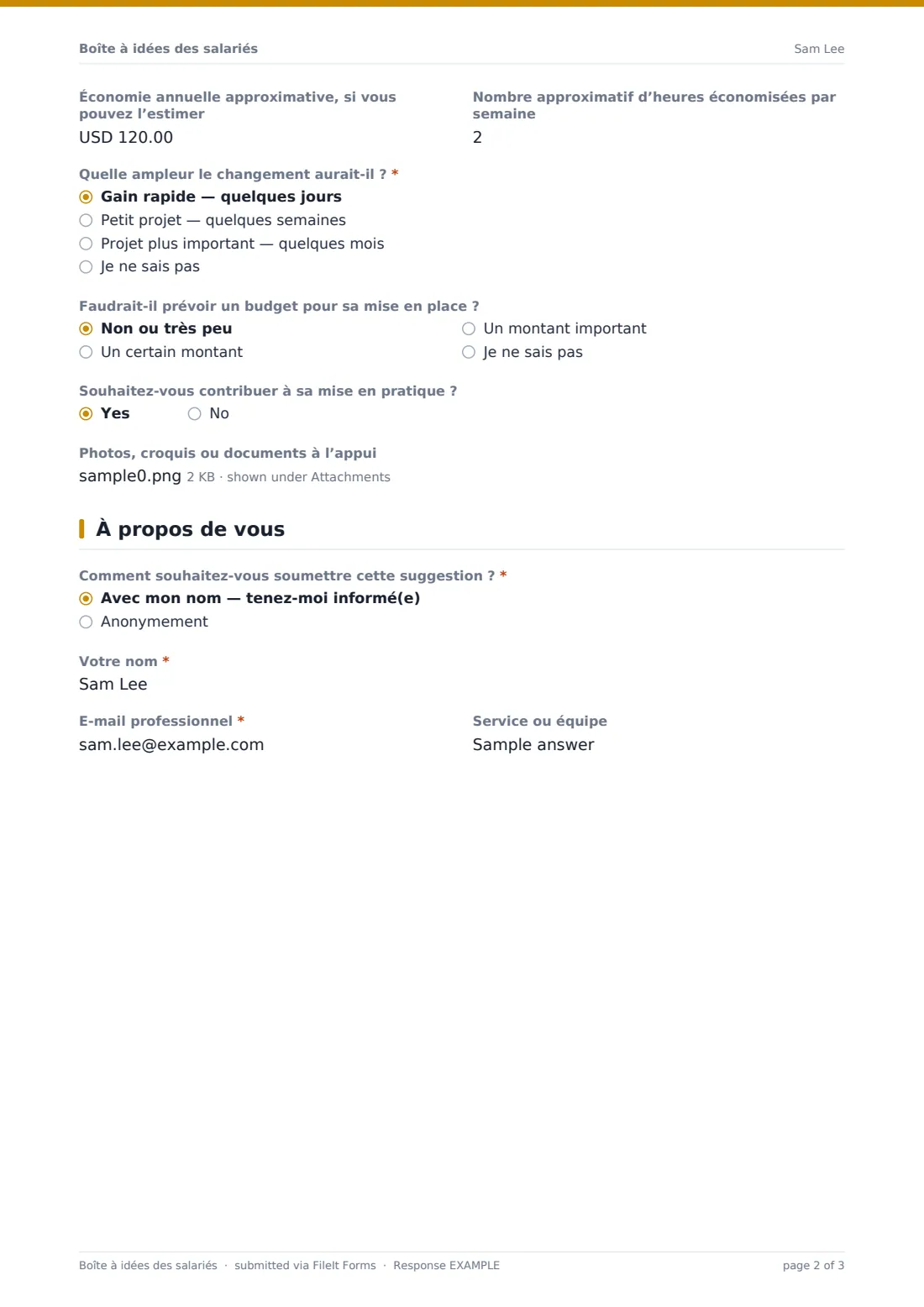 Boîte à idées des salariés — exemple de réponse au format PDF, page 2 sur 3