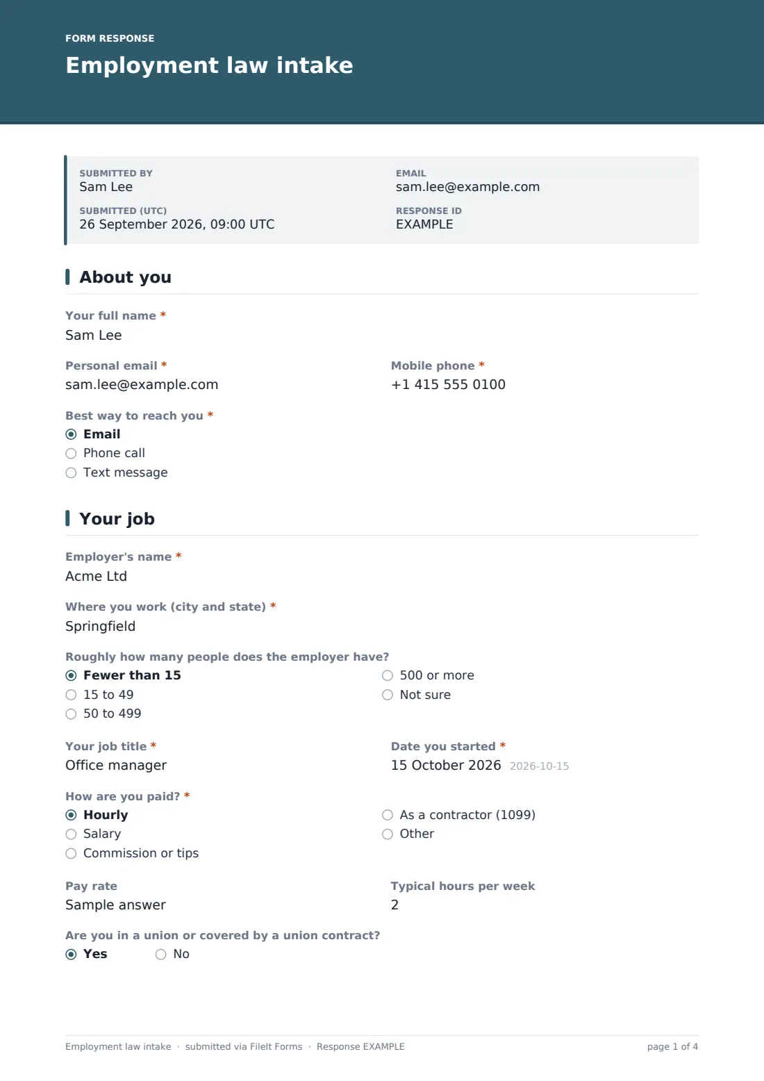 Employment law intake — example response PDF, page 1 of 4