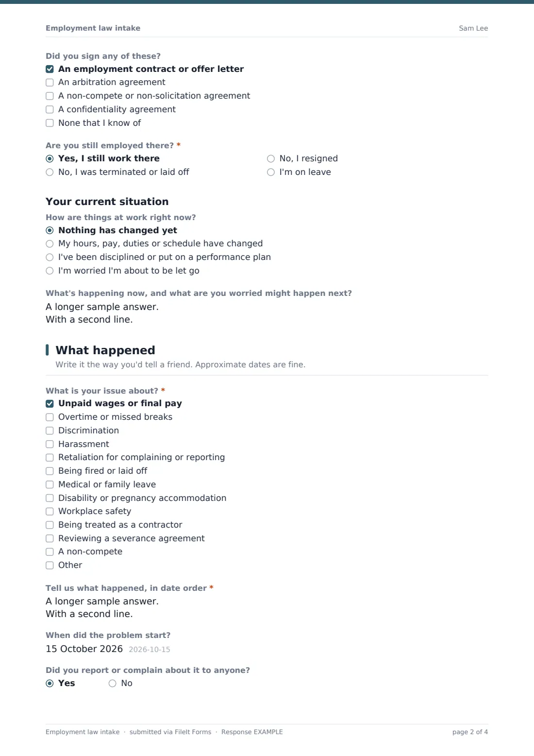 Employment law intake — example response PDF, page 2 of 4
