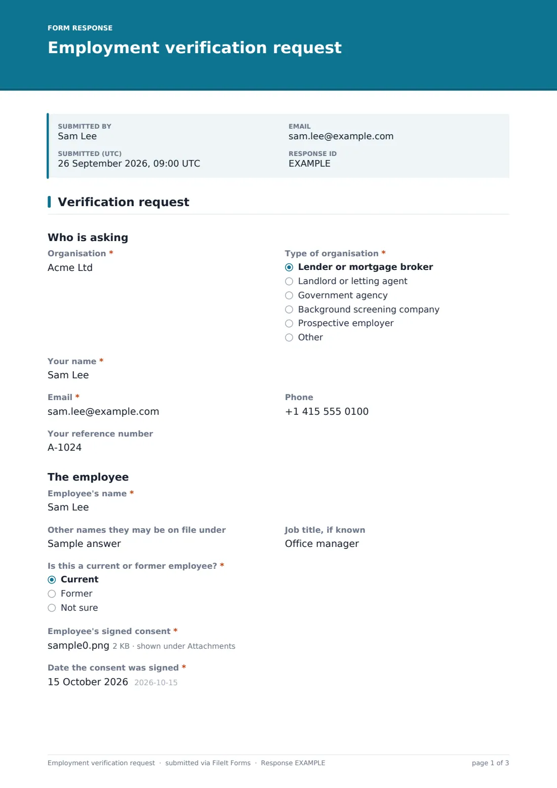 Employment verification request — example response PDF, page 1 of 3