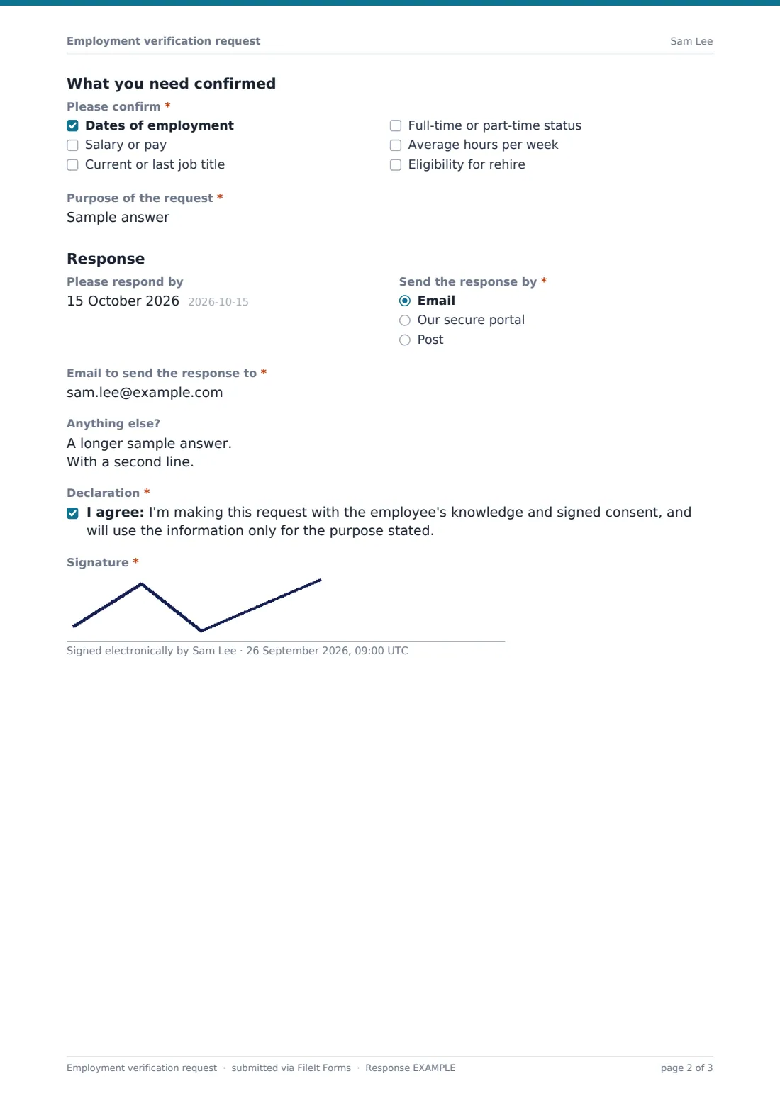 Employment verification request — example response PDF, page 2 of 3