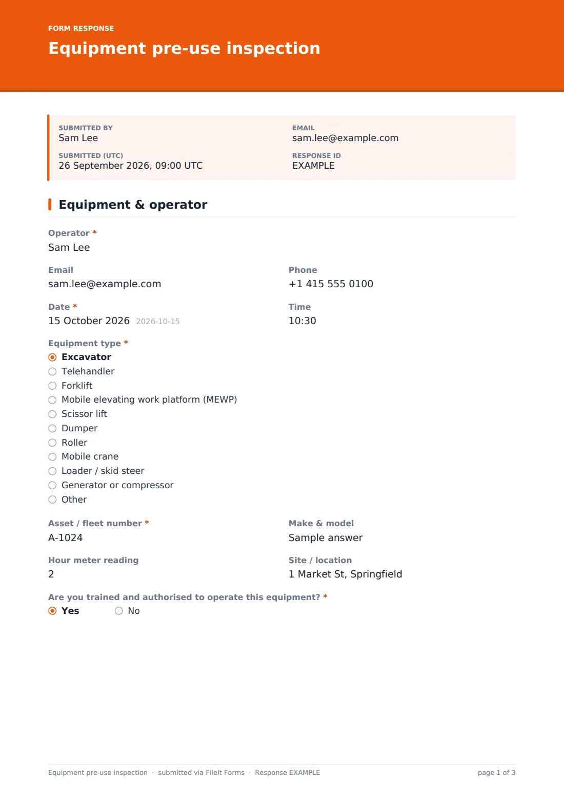 Equipment pre-use inspection — example response PDF, page 1 of 3