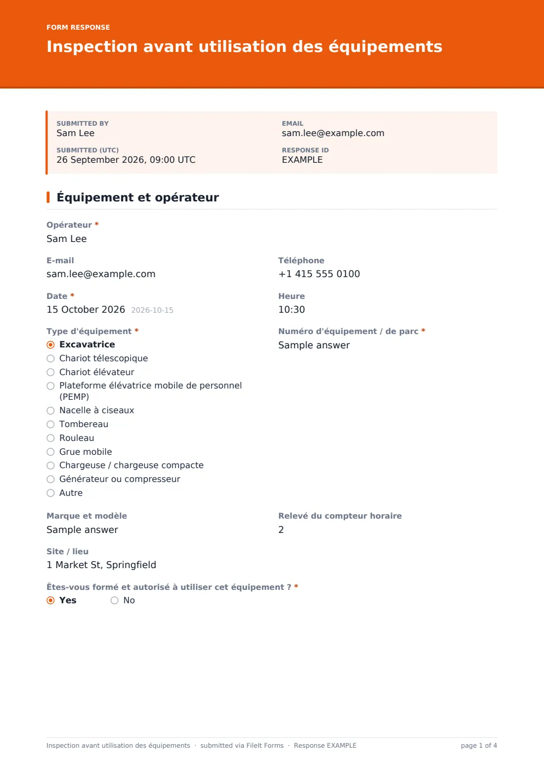 Inspection avant utilisation des équipements — exemple de réponse au format PDF, page 1 sur 4