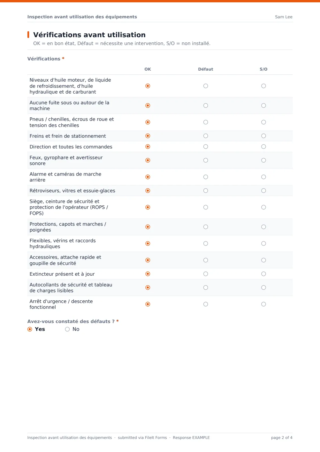Inspection avant utilisation des équipements — exemple de réponse au format PDF, page 2 sur 4