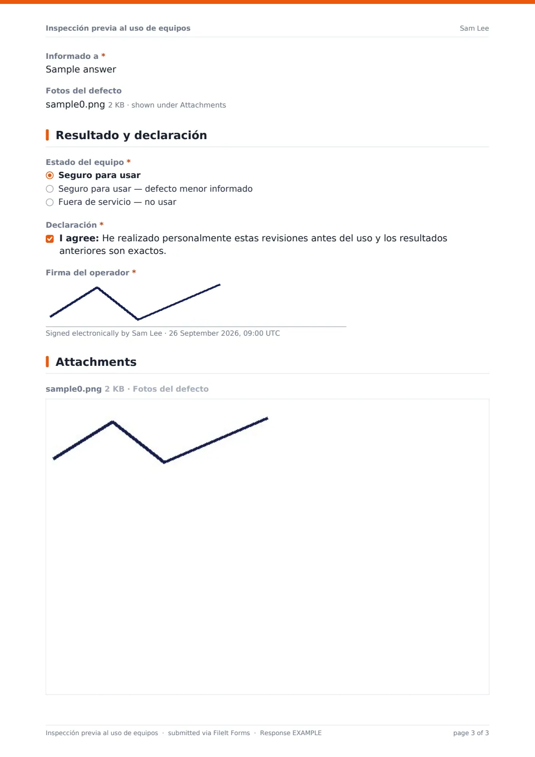Inspección previa al uso de equipos — PDF de respuesta de ejemplo, página 3 de 3