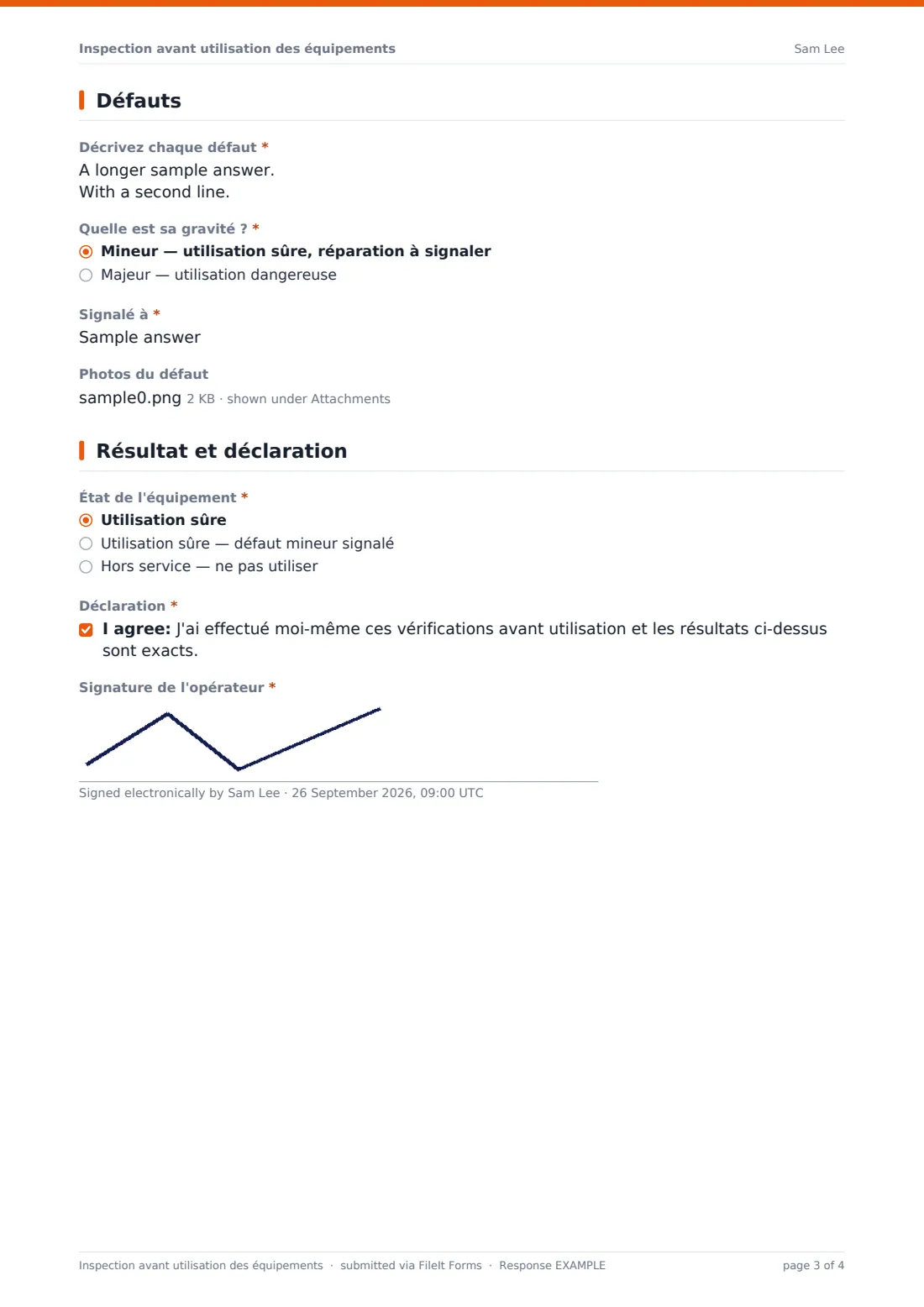 Inspection avant utilisation des équipements — exemple de réponse au format PDF, page 3 sur 4