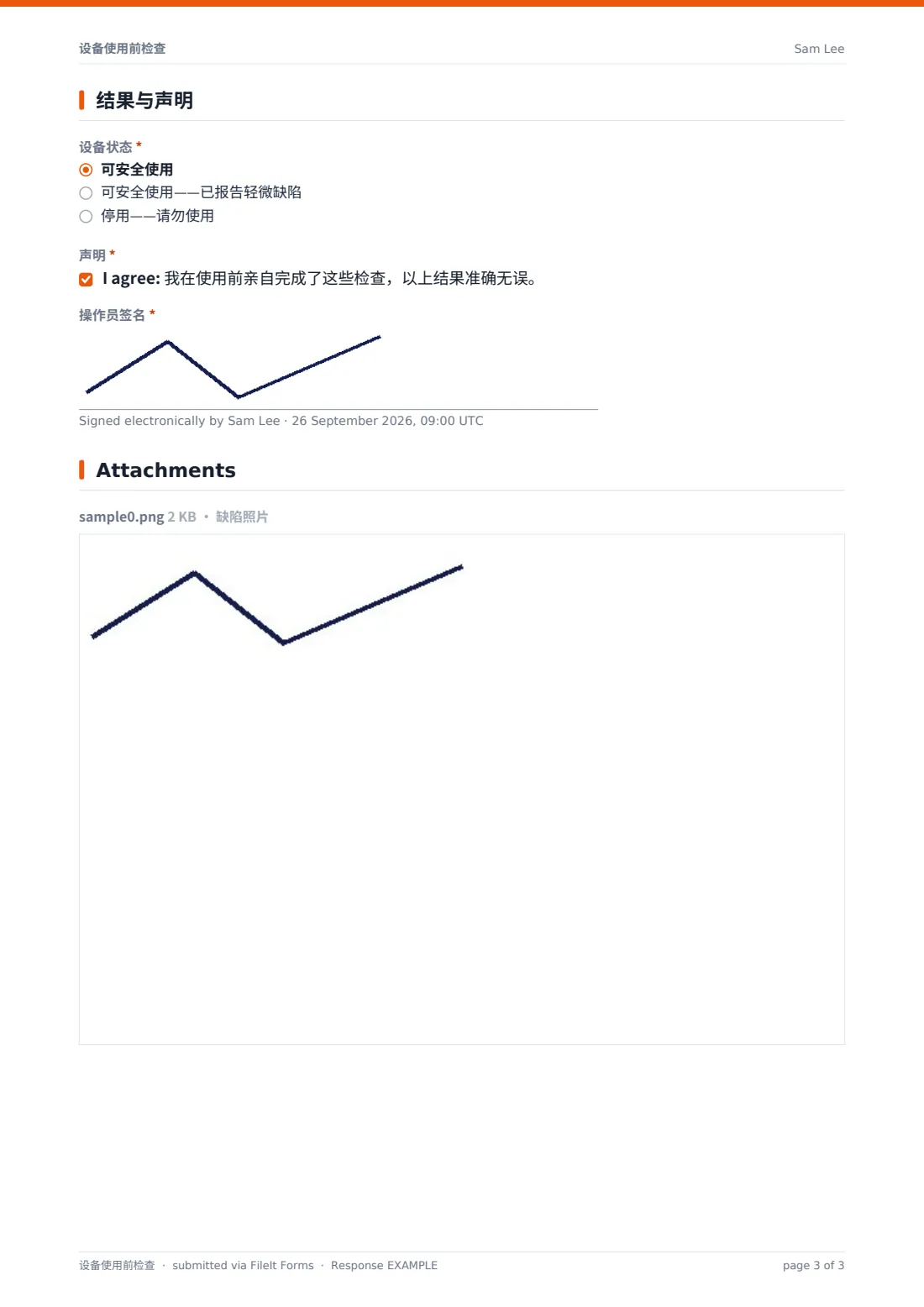 设备使用前检查 — 示例回复 PDF，第 3 页，共 3 页