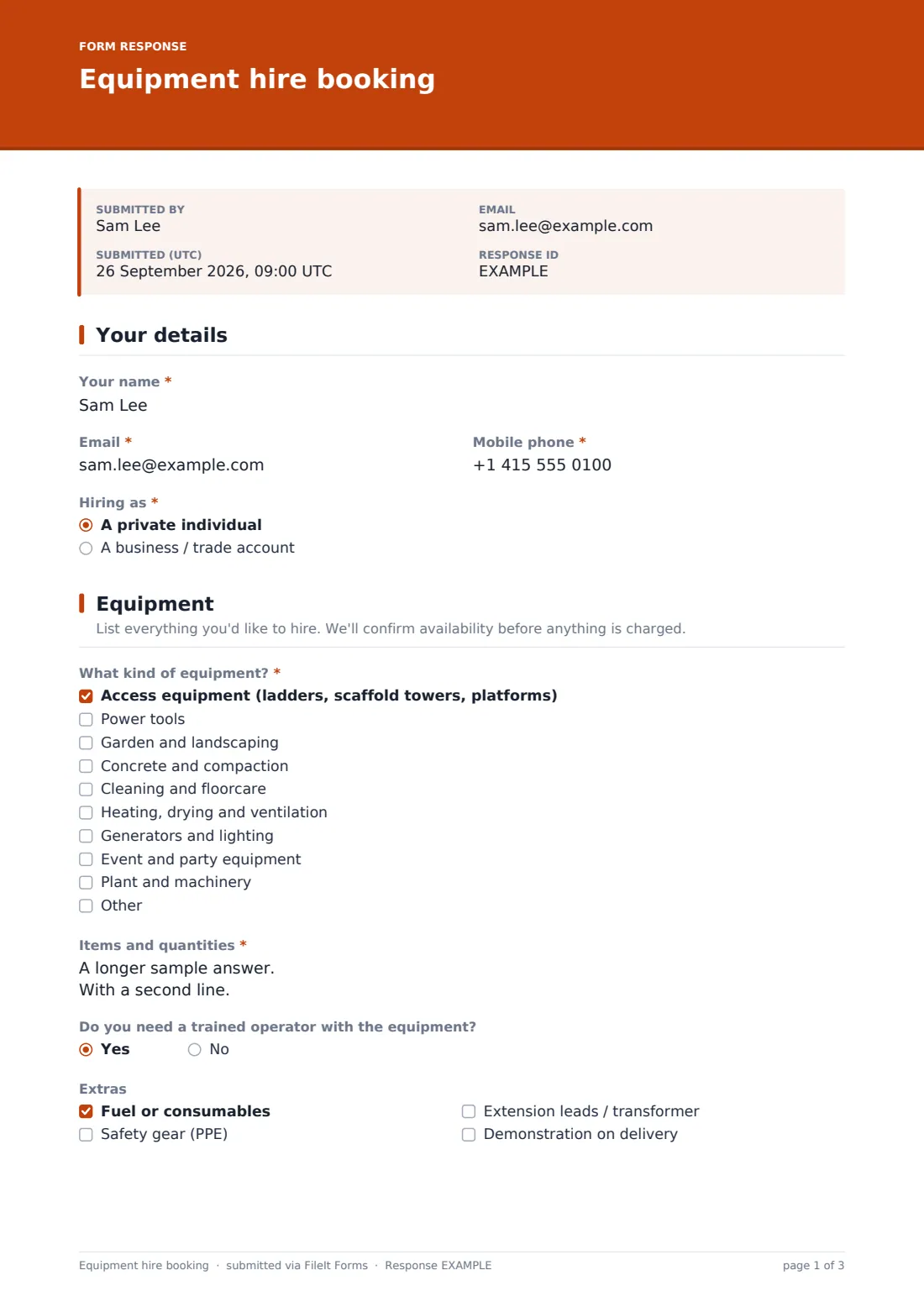 Equipment hire booking — example response PDF, page 1 of 3