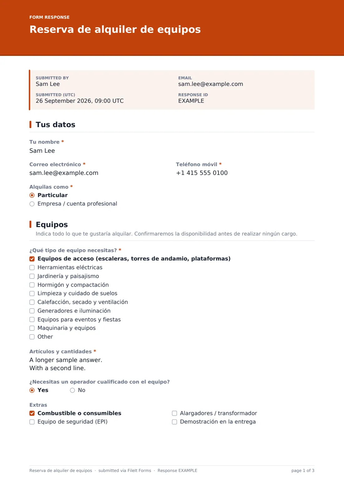 Reserva de alquiler de equipos — PDF de respuesta de ejemplo, página 1 de 3