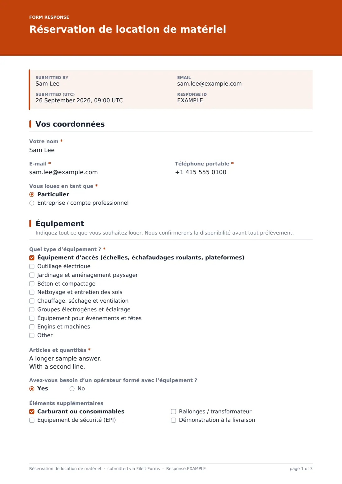 Réservation de location de matériel — exemple de réponse au format PDF, page 1 sur 3