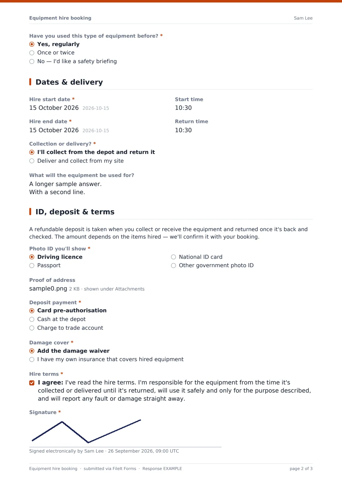 Equipment hire booking — example response PDF, page 2 of 3