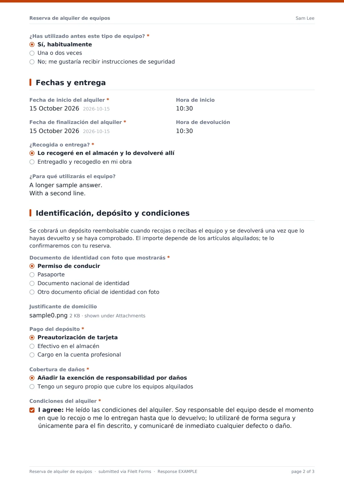 Reserva de alquiler de equipos — PDF de respuesta de ejemplo, página 2 de 3