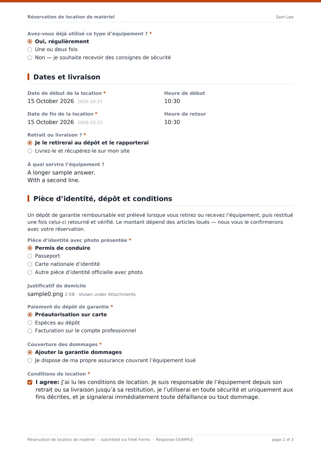 Réservation de location de matériel — exemple de réponse au format PDF, page 2 sur 3