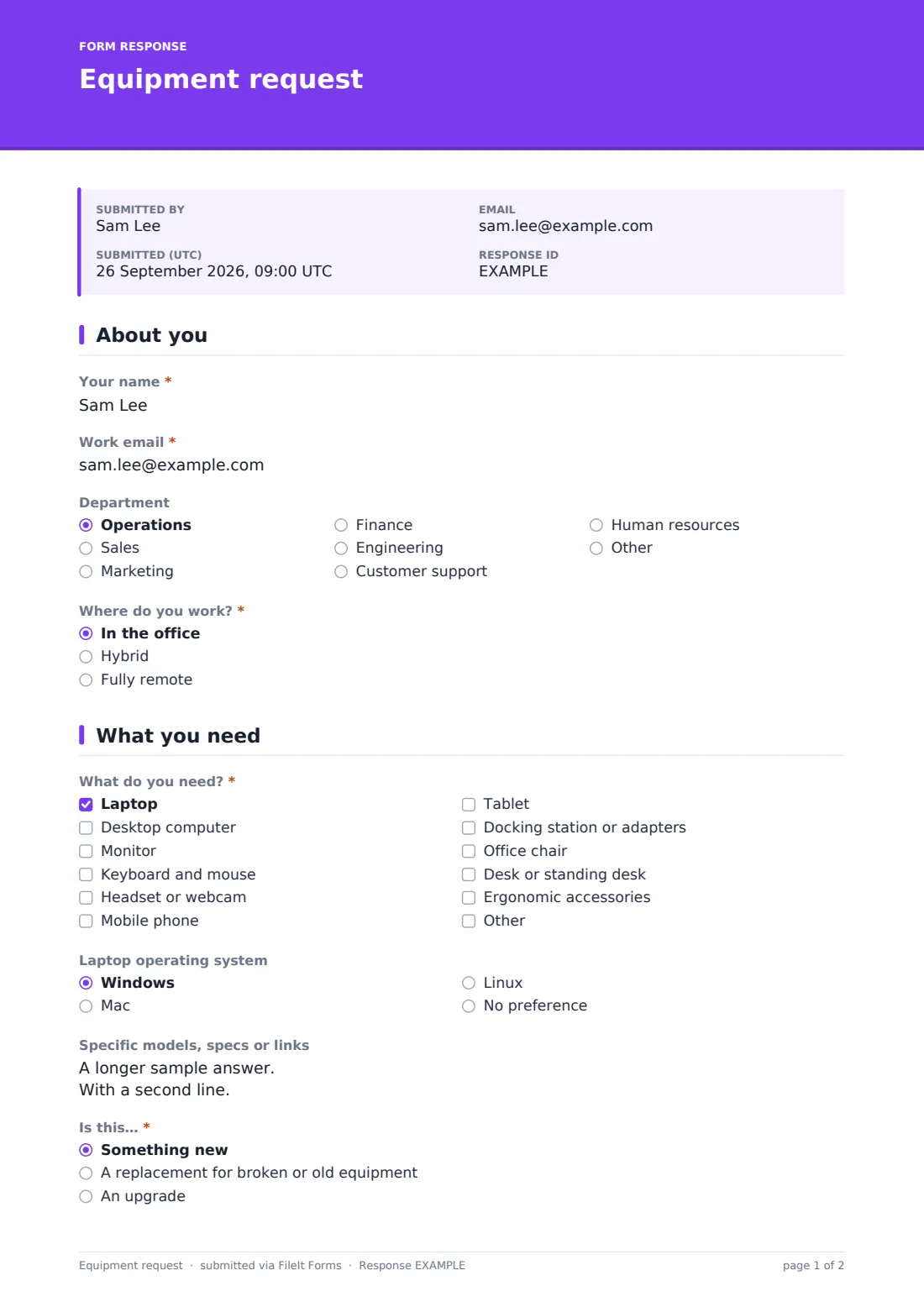 Equipment request — example response PDF, page 1 of 2