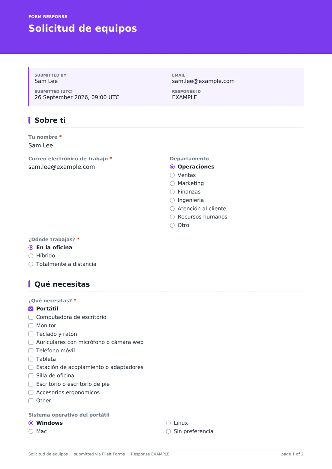 Solicitud de equipos — PDF de respuesta de ejemplo, página 1 de 2