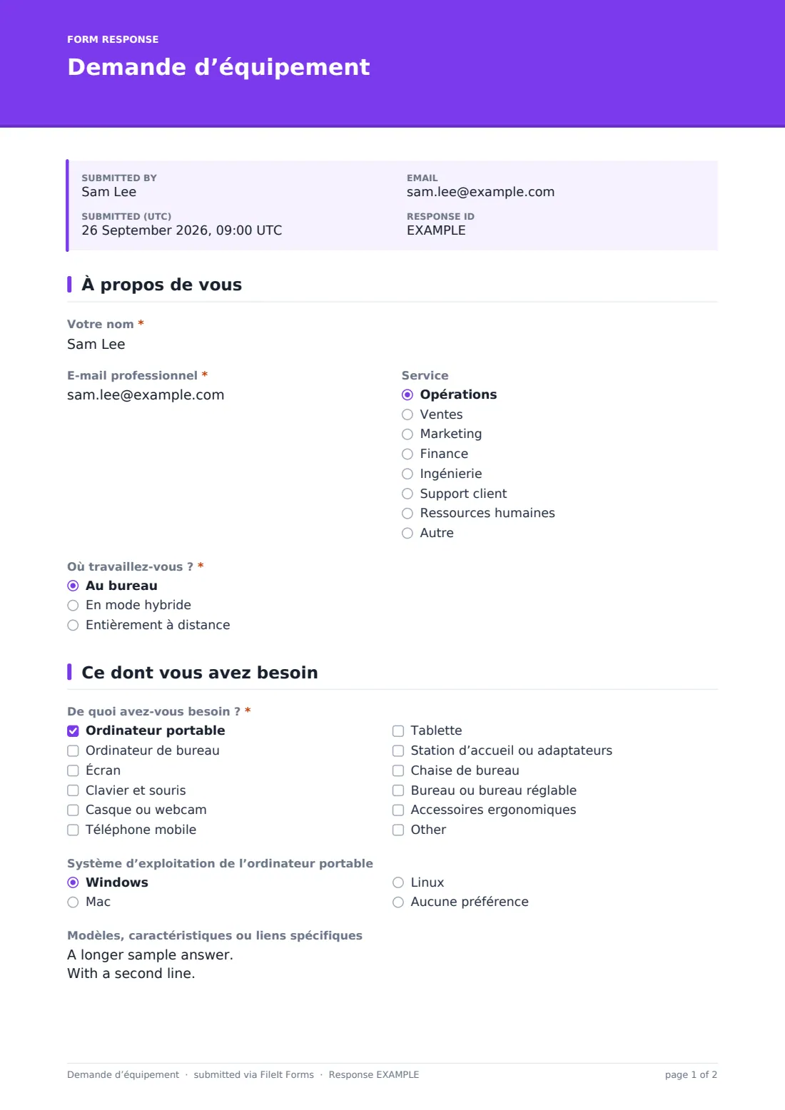 Demande d’équipement — exemple de réponse au format PDF, page 1 sur 2