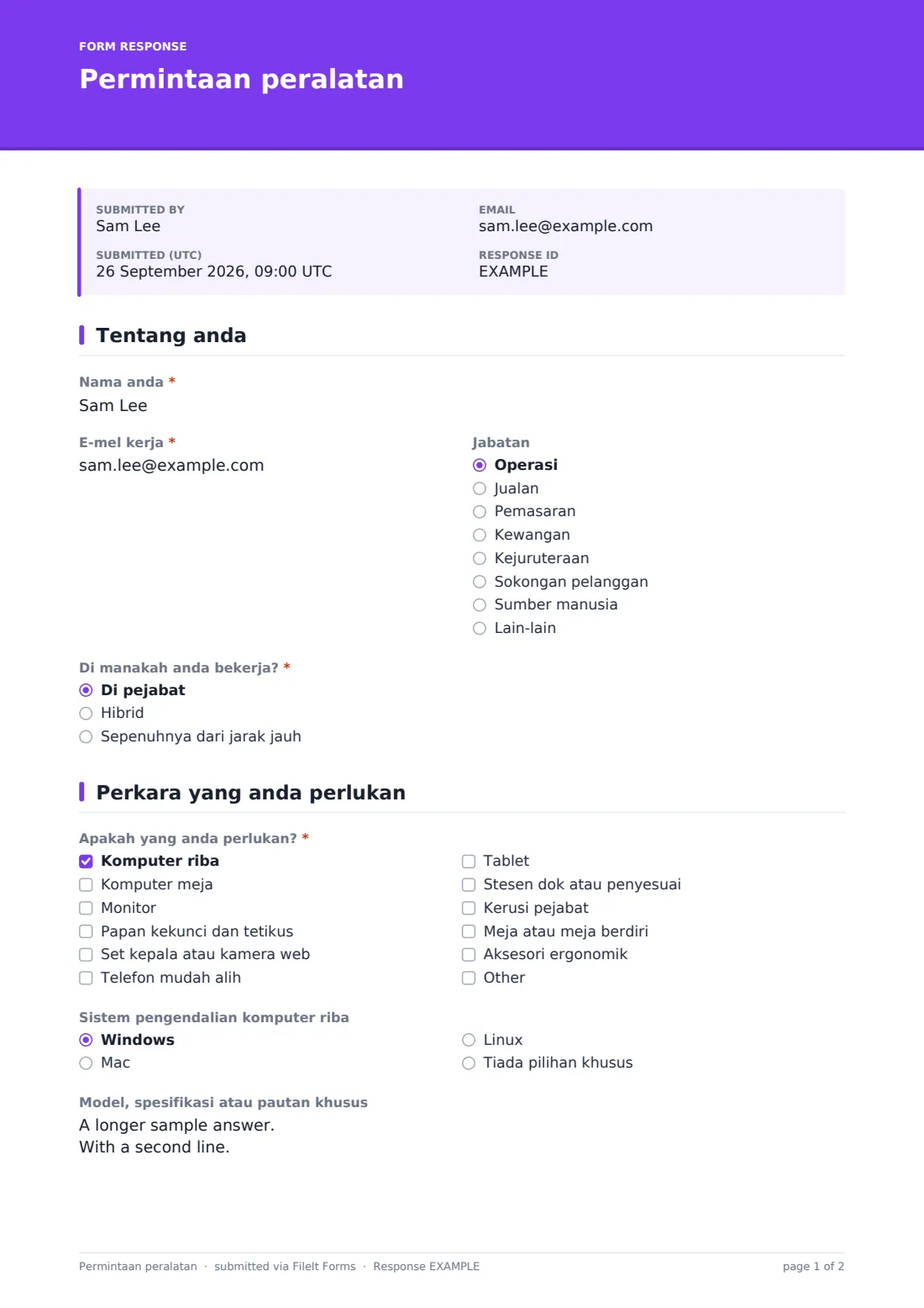 Permintaan peralatan — PDF respons contoh, halaman 1 daripada 2
