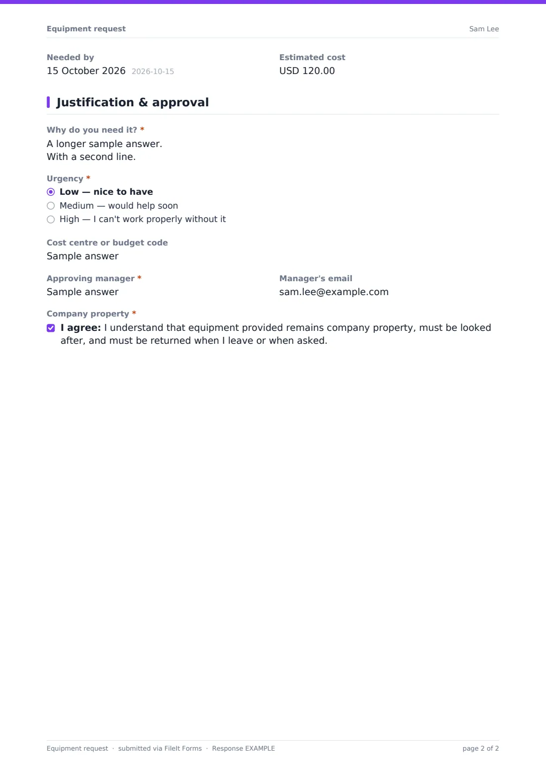 Equipment request — example response PDF, page 2 of 2