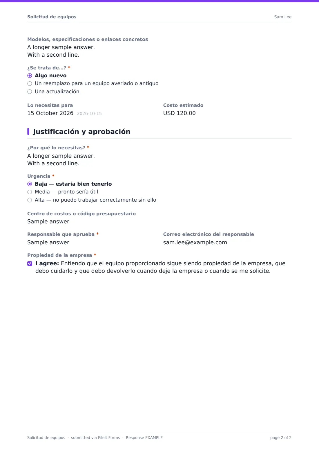 Solicitud de equipos — PDF de respuesta de ejemplo, página 2 de 2