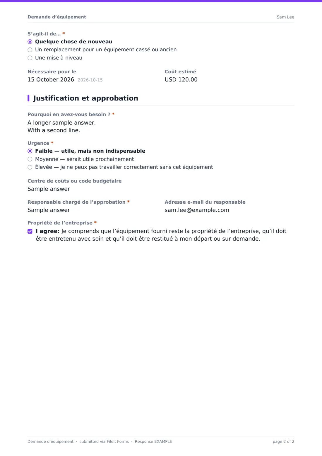 Demande d’équipement — exemple de réponse au format PDF, page 2 sur 2