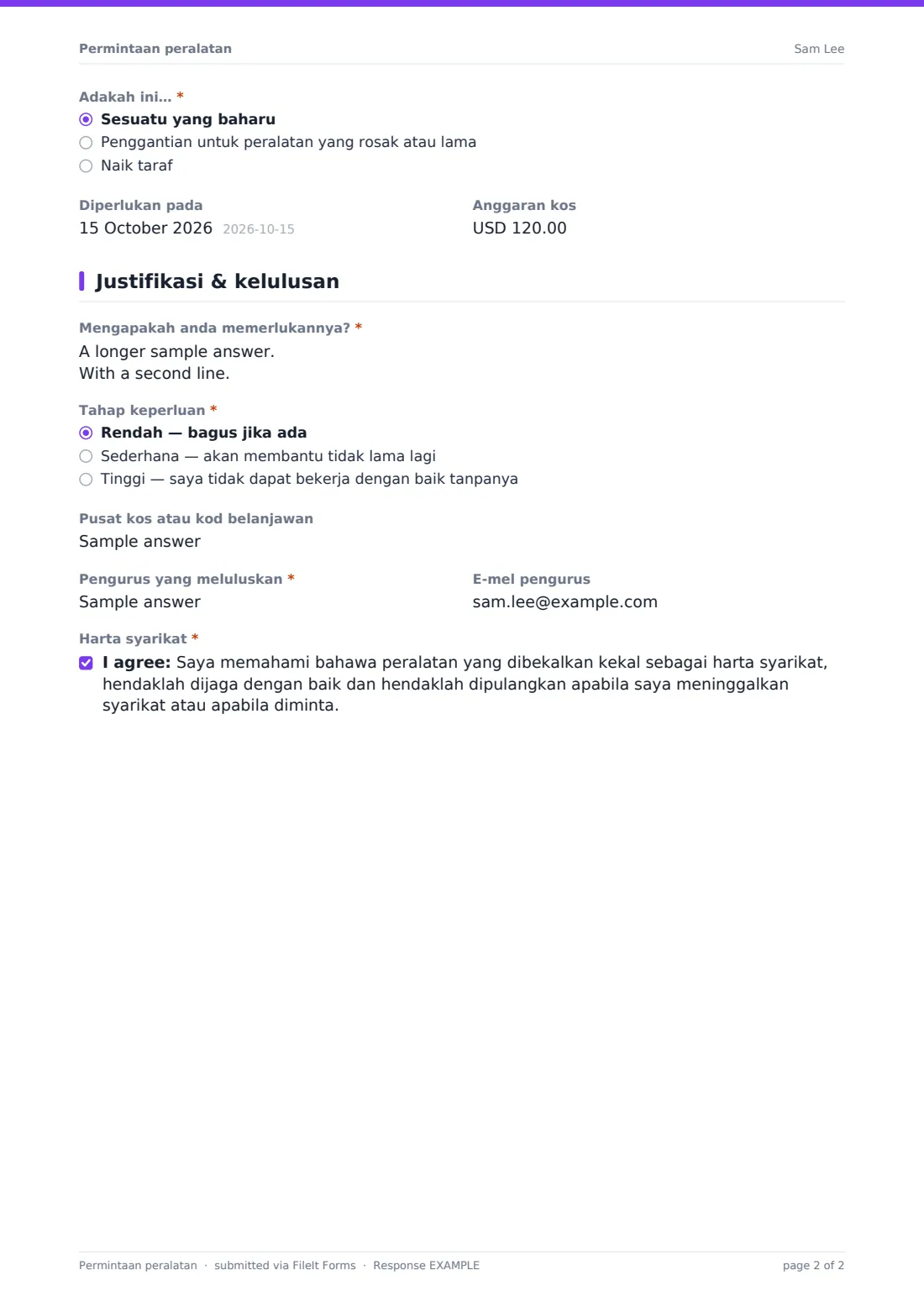 Permintaan peralatan — PDF respons contoh, halaman 2 daripada 2