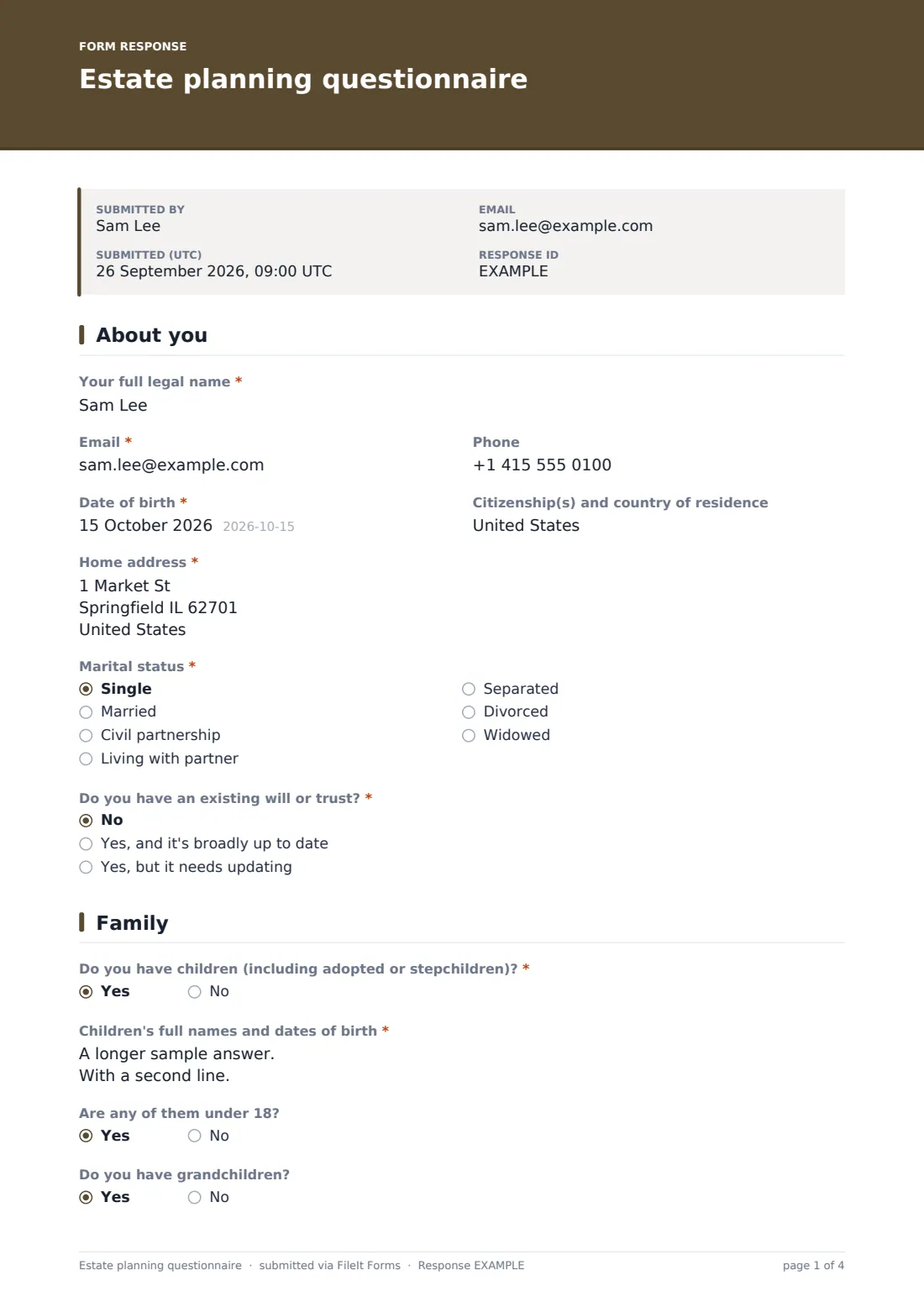 Estate planning questionnaire — example response PDF, page 1 of 4