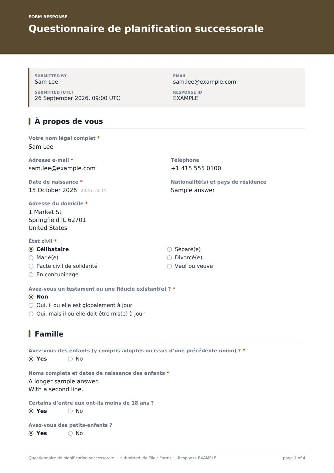 Questionnaire de planification successorale — exemple de réponse au format PDF, page 1 sur 4