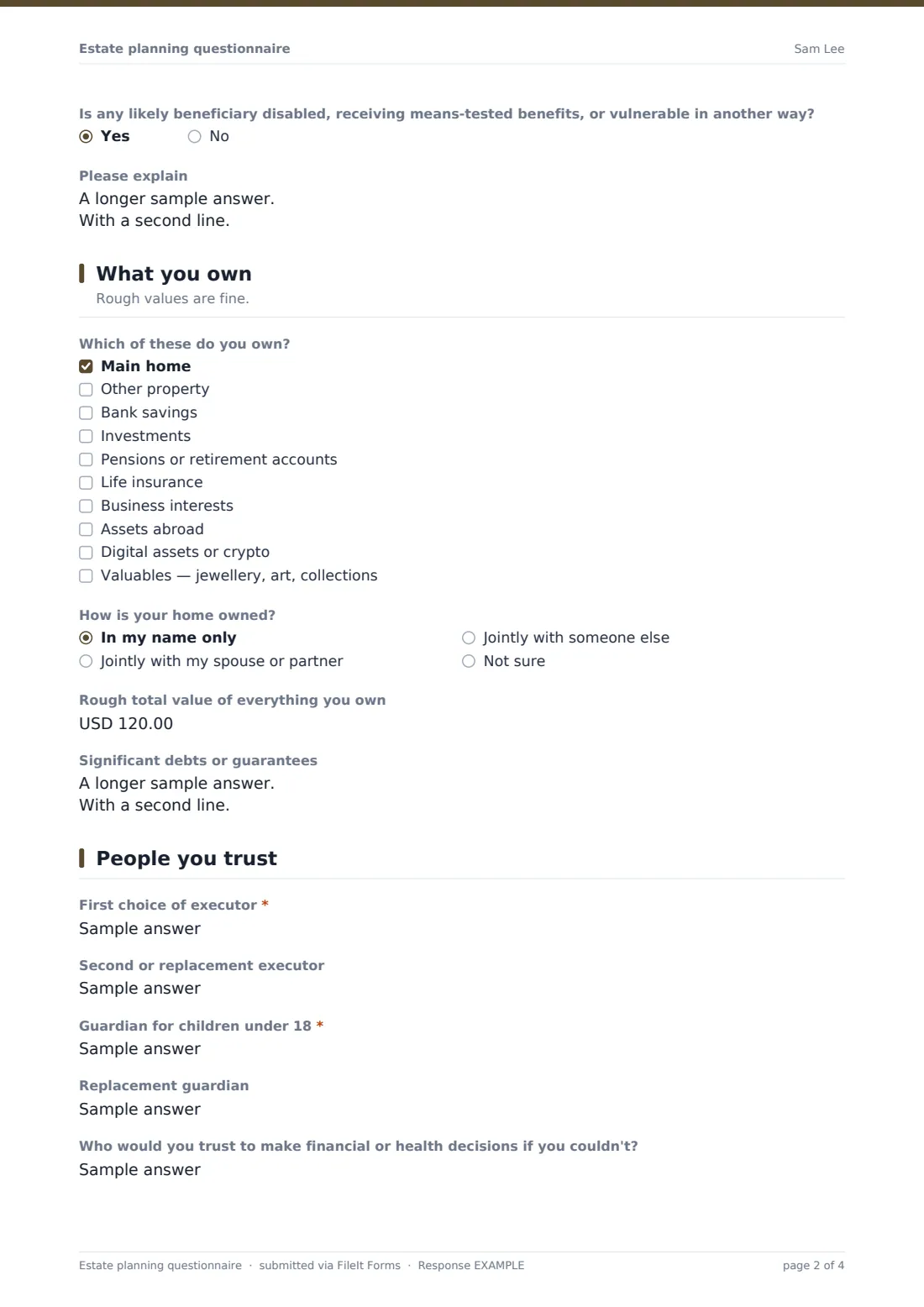 Estate planning questionnaire — example response PDF, page 2 of 4