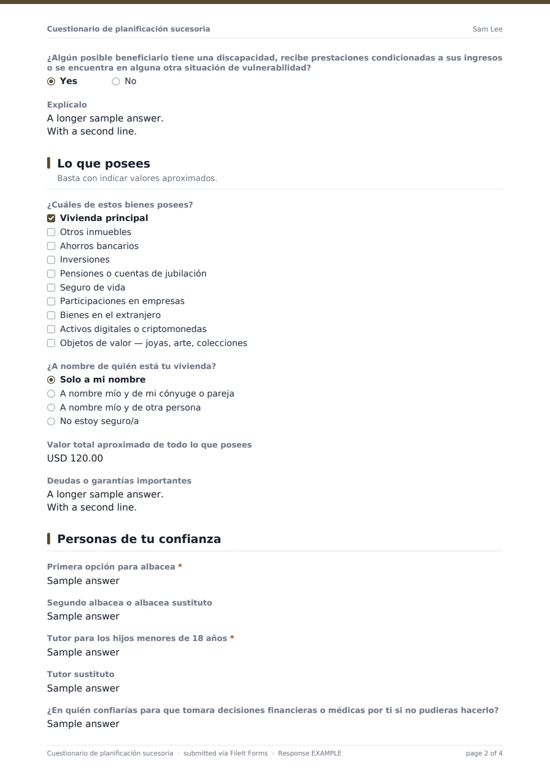 Cuestionario de planificación sucesoria — PDF de respuesta de ejemplo, página 2 de 4