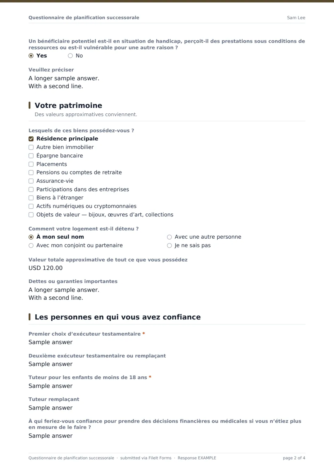 Questionnaire de planification successorale — exemple de réponse au format PDF, page 2 sur 4