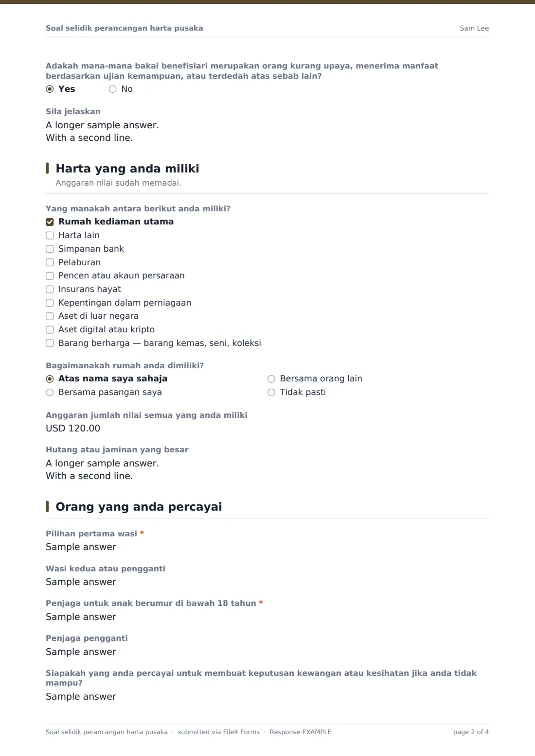 Soal selidik perancangan harta pusaka — PDF respons contoh, halaman 2 daripada 4