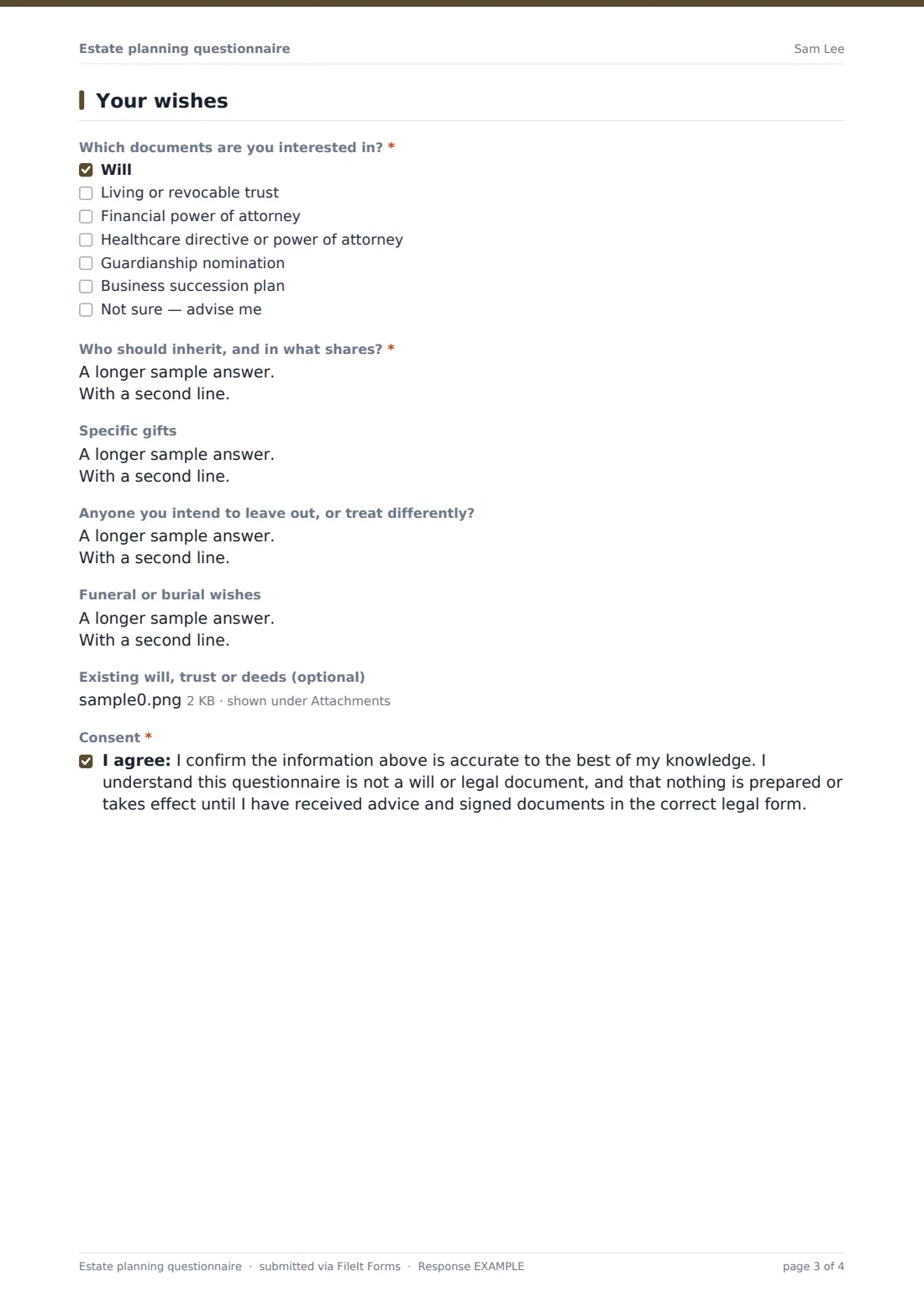 Estate planning questionnaire — example response PDF, page 3 of 4