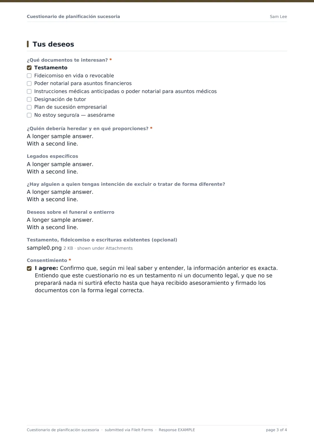 Cuestionario de planificación sucesoria — PDF de respuesta de ejemplo, página 3 de 4