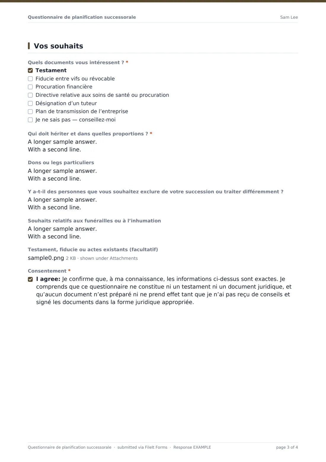 Questionnaire de planification successorale — exemple de réponse au format PDF, page 3 sur 4