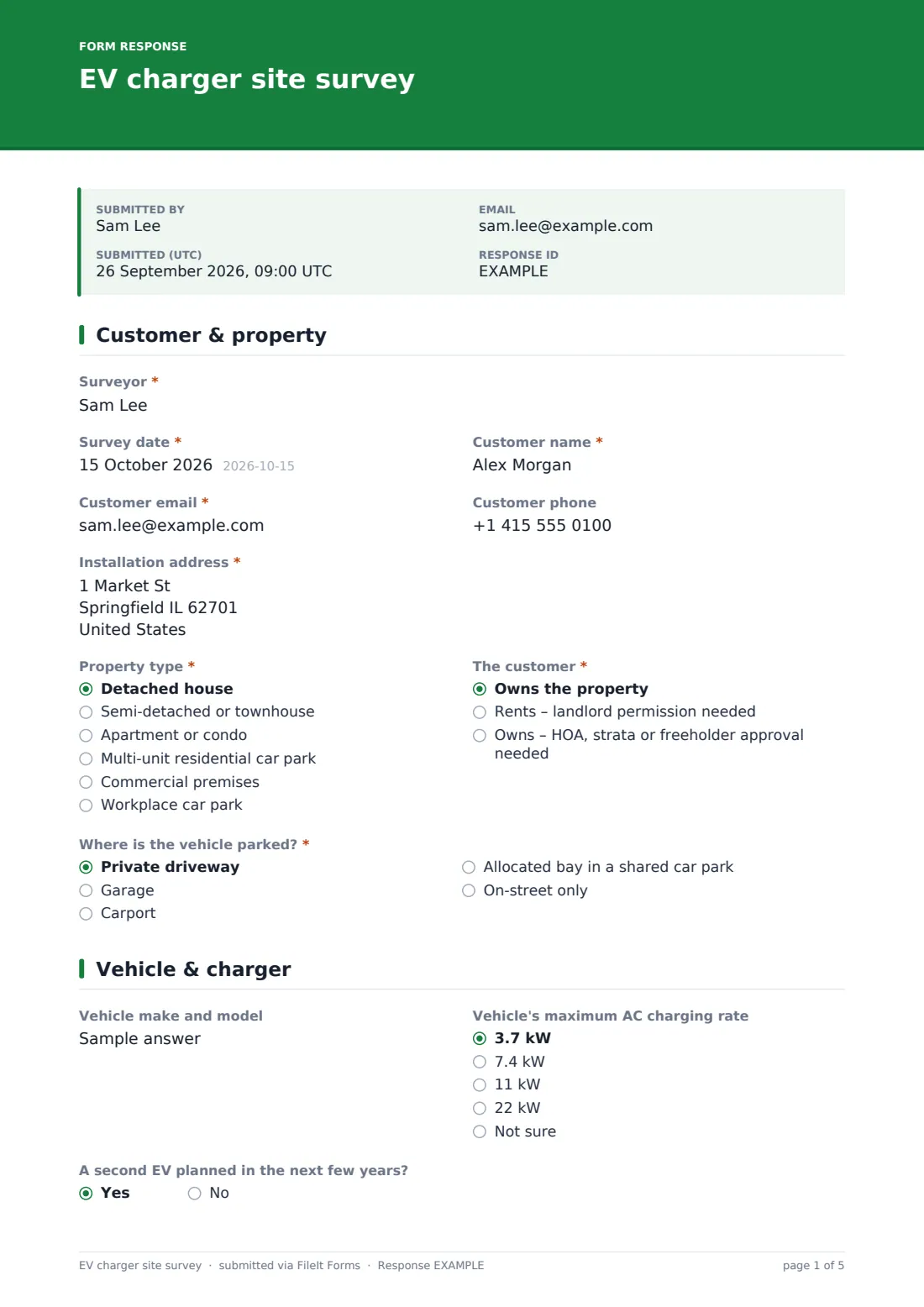 EV charger site survey — example response PDF, page 1 of 5
