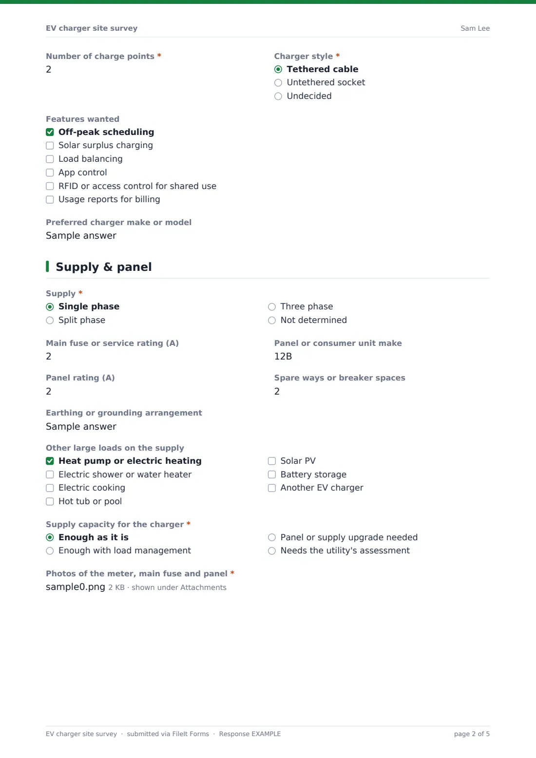 EV charger site survey — example response PDF, page 2 of 5