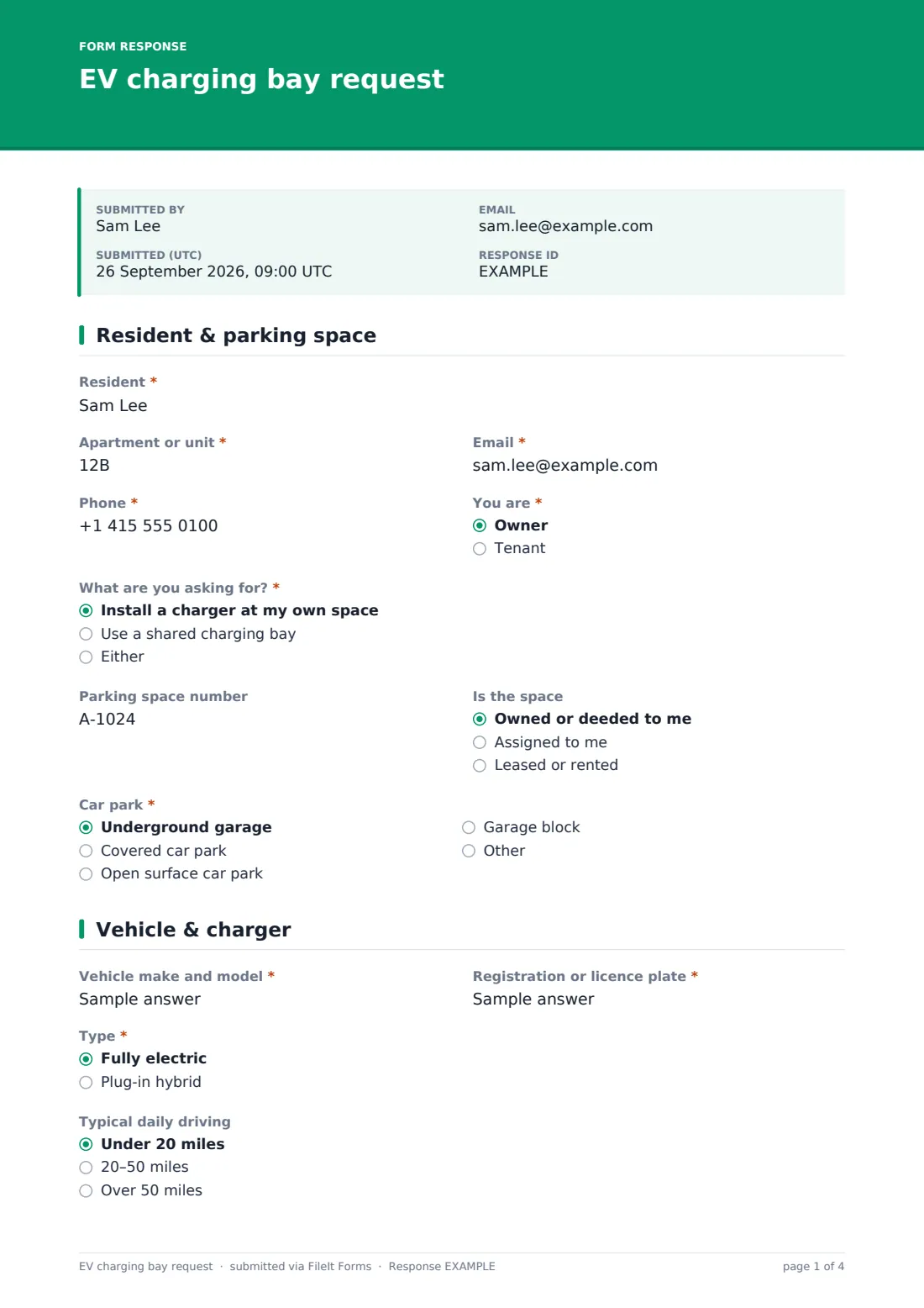 EV charging bay request — example response PDF, page 1 of 4