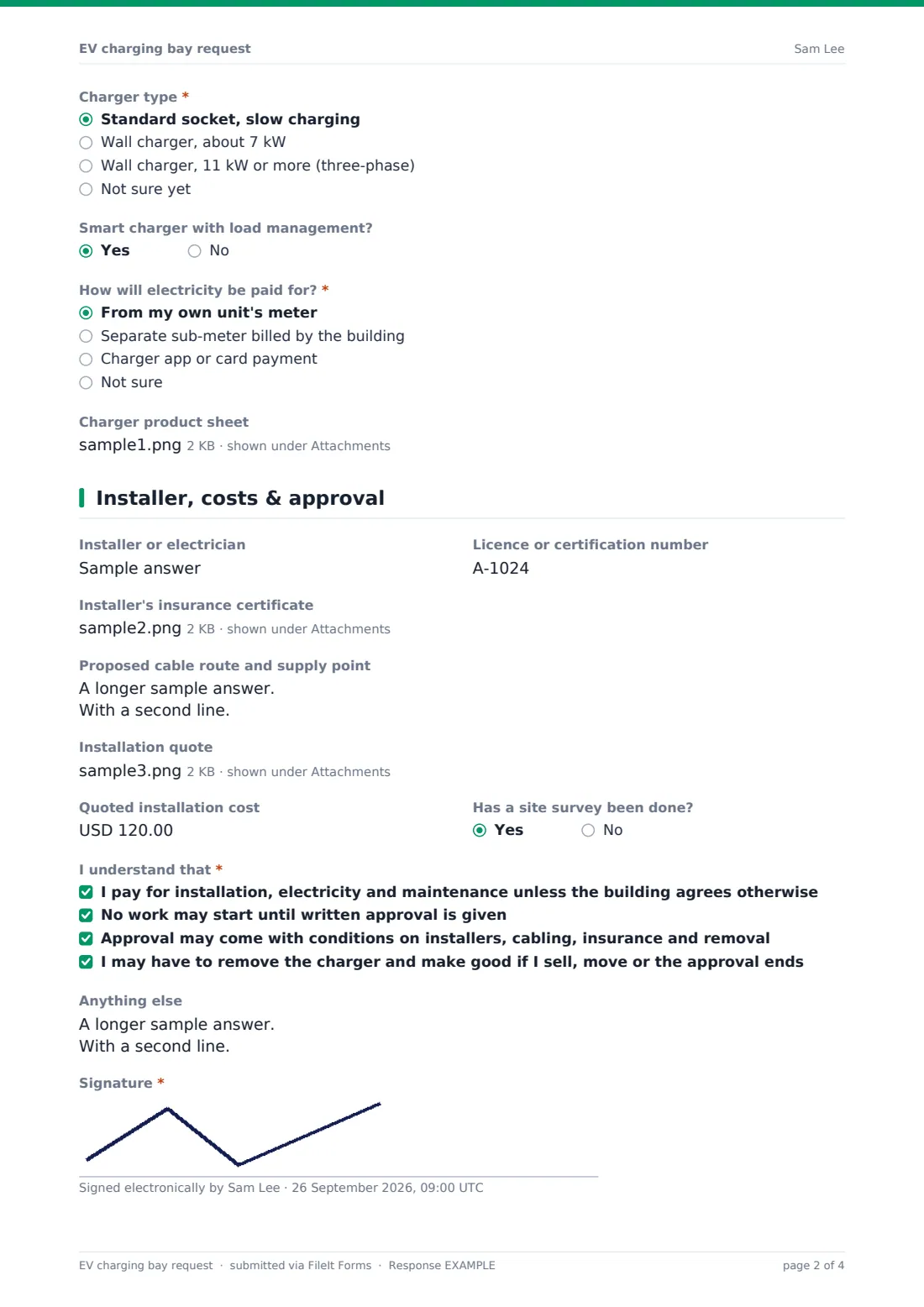 EV charging bay request — example response PDF, page 2 of 4